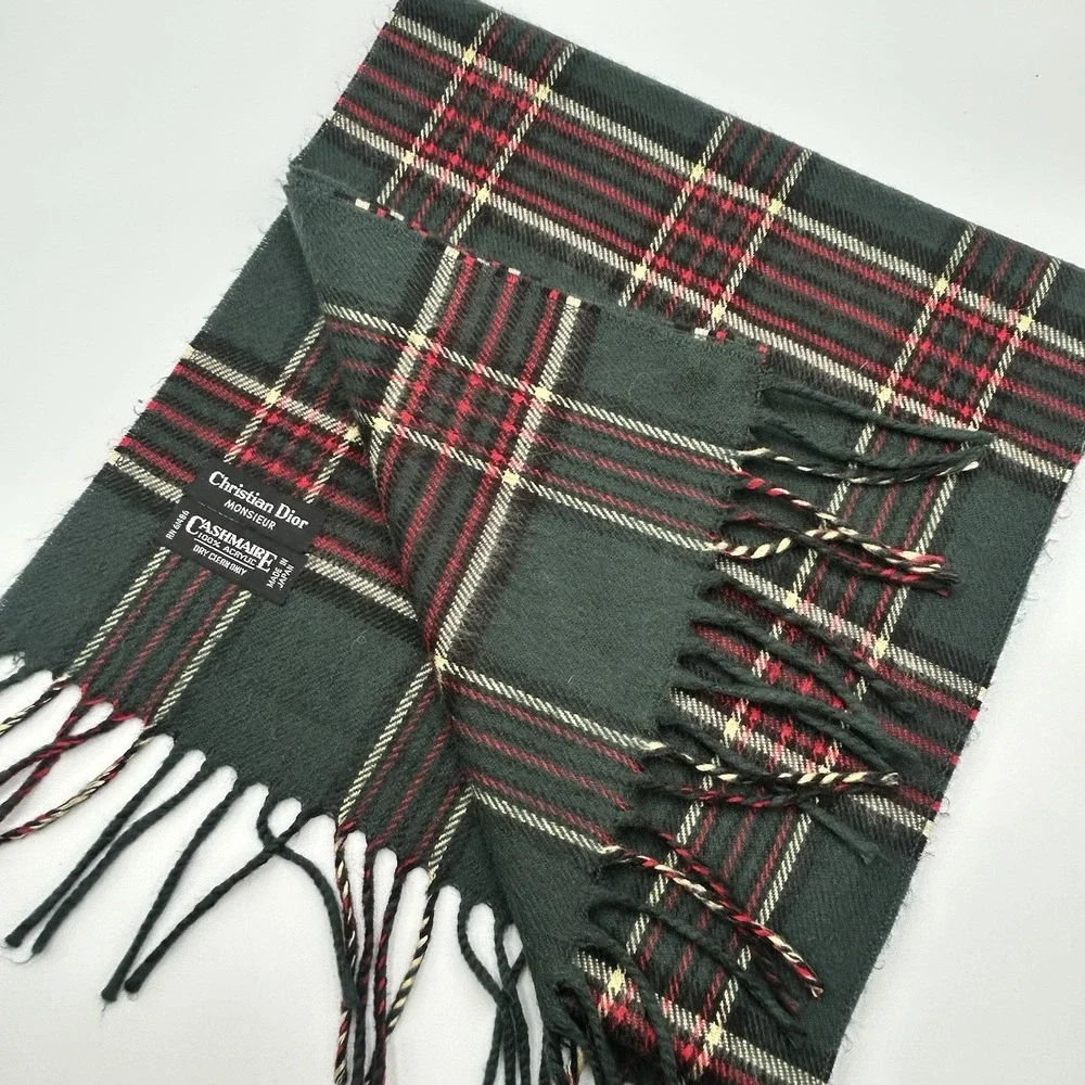 Vintage Christian Dior Monsieur Scarf Green Tartan Plaid Made Japan Fringe